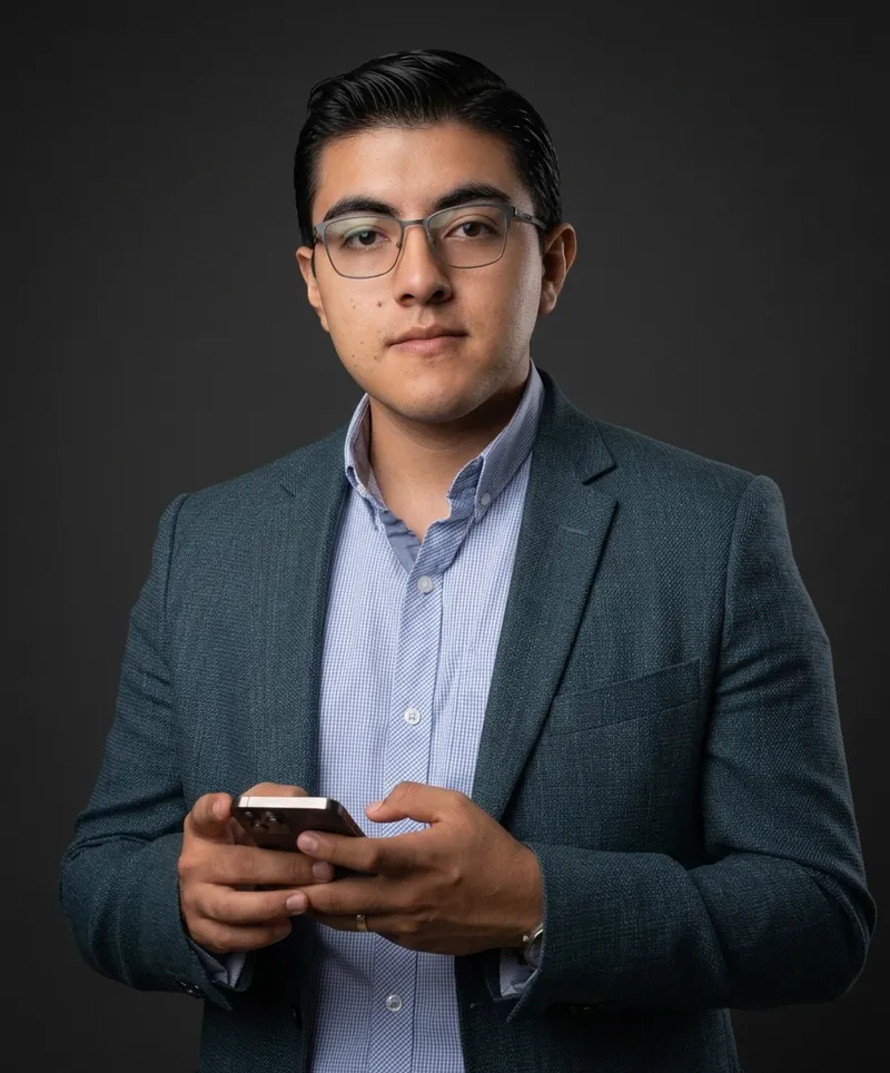 David sosteniendo su teléfono celular, listo para atender tu mensaje
